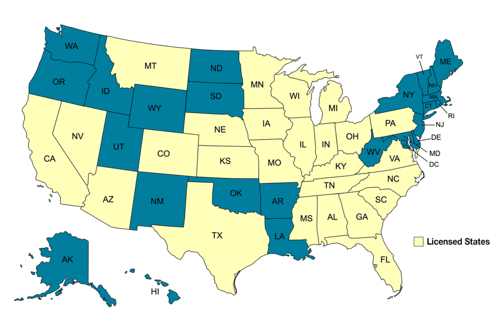 States We Are Licensed in Throughout the United States are Highlighted in Yellow.